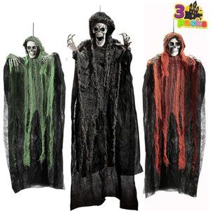 3 Pack, One 47”&Two 35” Halloween Grim Reapers, Halloween Skeleton Flying Ghost